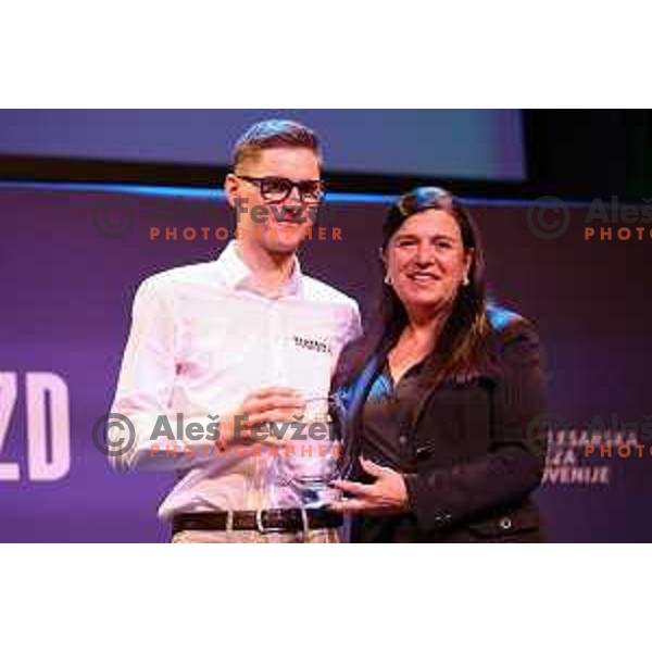 Matej Mohoric at Night of the Stars of Slovenia Cycling Federation event with awards for best cyclists in 2023 in Ljubljana, Slovenia on November 13, 2023