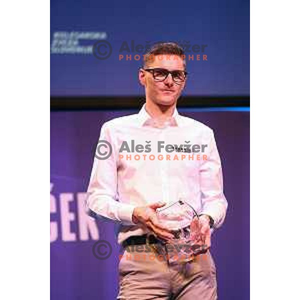 Matej Mohoric at Night of the Stars of Slovenia Cycling Federation event with awards for best cyclists in 2023 in Ljubljana, Slovenia on November 13, 2023