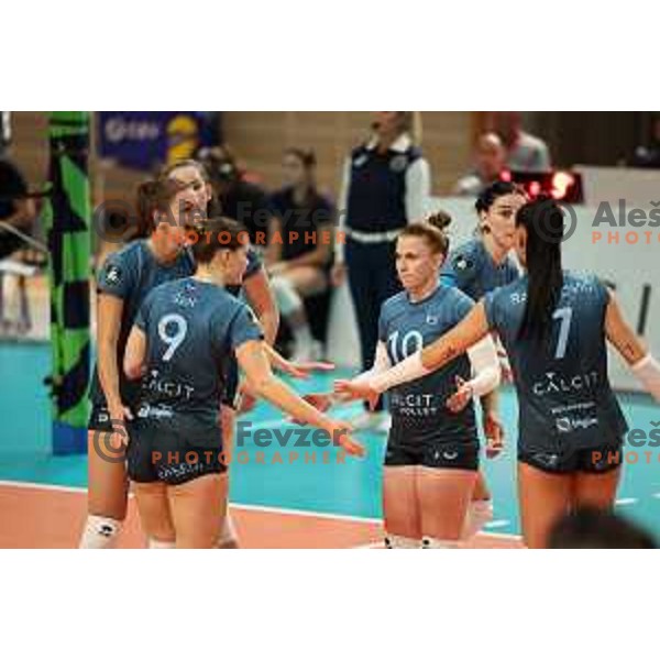 Sara Hutinski and Sara Najdic of Calcit Volley in action during CEV Women’s Champions League match between Calcit Volley and Grot Budowlani Lodz in Ljubljana on November 14, 2023