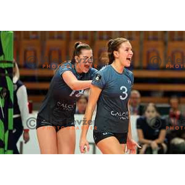 Masa Pucelj and Lara Rituper of Calcit Volley in action during CEV Women’s Champions League match between Calcit Volley and Grot Budowlani Lodz in Ljubljana on November 14, 2023