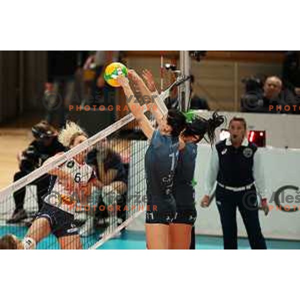 Sara Hutinski and Andjelka Radiskovic of Calcit Volley in action during CEV Women’s Champions League match between Calcit Volley and Grot Budowlani Lodz in Ljubljana on November 14, 2023