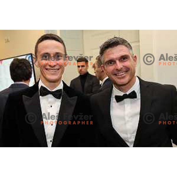 Peter Prevc and Peter Kauzer, Olympic gold and silver medalists during OKS Gala Charity Night with Foundation Cerar and Stukelj and Foundation Primoz Roglic in hotel Union, Ljubljana, Slovenia on November 15, 2023