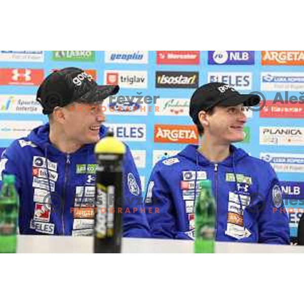 Anze Lanisek and Domen Prevc of Slovenia Men\'s Ski jumping team at press conference in Ljubljana on November 16, 2023
