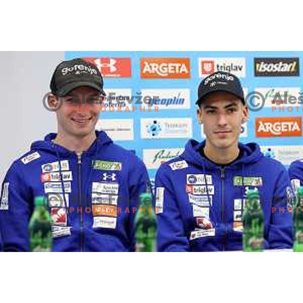 Ziga Jelar and Timi Zajc at Slovenia Men\'s Ski jumping team press conference in Ljubljana on November 16, 2023