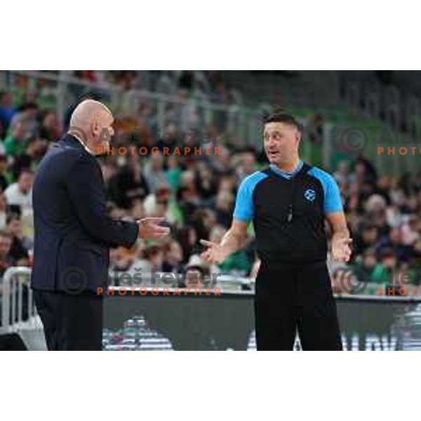 Neven Spahija, head coach of Umana Reyer and referee Boris Ryzhyk during BKT EuroCup 2023-2024 regular season basketball match between Cedevita Olimpija (SLO) and Umana Reyer Venezia (ITA) in Ljubljana, Slovenia on January 17, 2024