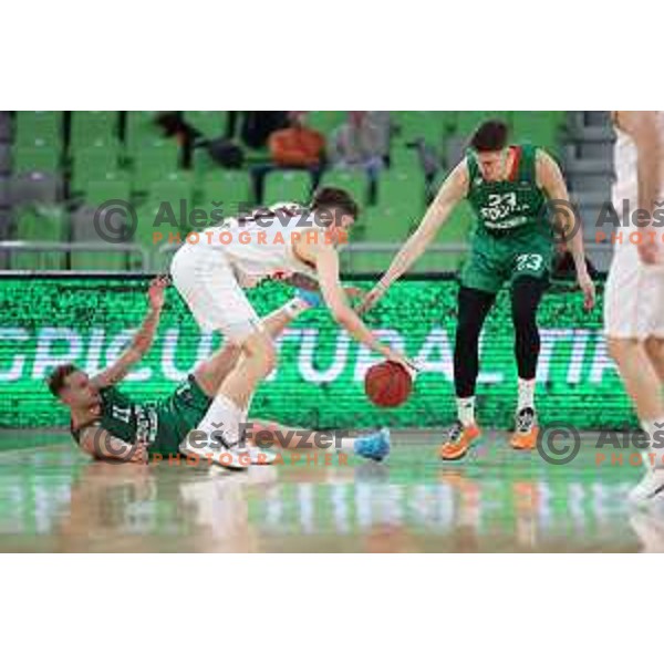 Jaka Blazic and Luka Scuka in action during BKT EuroCup 2023-2024 regular season basketball match between Cedevita Olimpija (SLO) and Umana Reyer Venezia (ITA) in Ljubljana, Slovenia on January 17, 2024