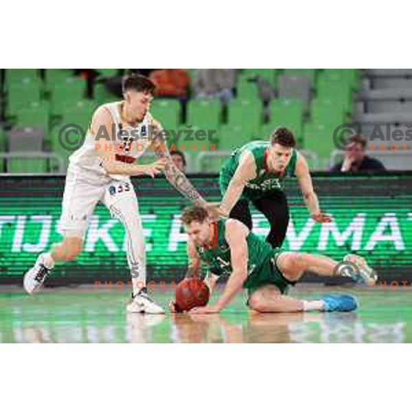 Jaka Blazic and Luka Scuka in action during BKT EuroCup 2023-2024 regular season basketball match between Cedevita Olimpija (SLO) and Umana Reyer Venezia (ITA) in Ljubljana, Slovenia on January 17, 2024