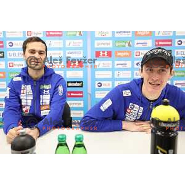 Robert Hrgota and Peter Prevc during Slovenia Nordic Men\'s Ski jumping team press conference in Ljubljana on January 22, 2024