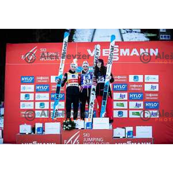 Nika Prevc (SLO), winner Eva Pinklenig (AUT), Alexandria Loutitt (CAN) at FIS World Cup ski jumping Women’s competition in Ljubno ob Savinji, Slovenia on January 27, 2024