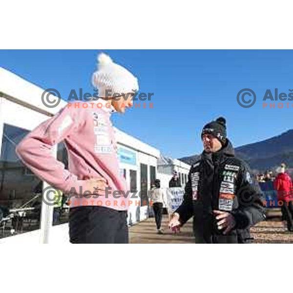 Katra Komar and head coach Zoran Zupancic (SLO) during FIS World Cup ski jumping Women’s competition in Ljubno ob Savinji, Slovenia on January 28, 2024 