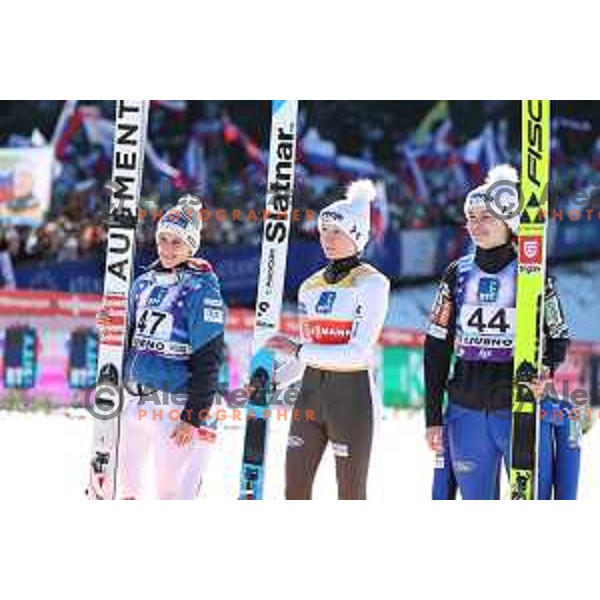 Second-placed Eva Pinklenig (AUT), Winner Nika Prevc (SLO) and third-placed Nika Kriznar (SLO) at the FIS World Cup ski jumping Women’s competition in Ljubno ob Savinji, Slovenia on January 28, 2024