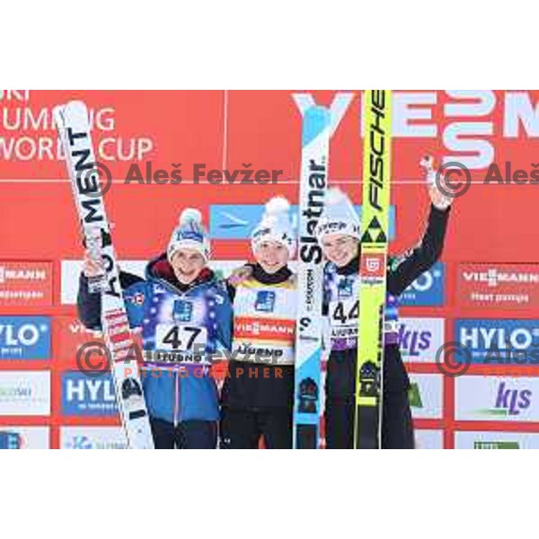 Second-placed Eva Pinklenig (AUT), Winner Nika Prevc (SLO) and third-placed Nika Kriznar (SLO) at the FIS World Cup ski jumping Women’s competition in Ljubno ob Savinji, Slovenia on January 28, 2024