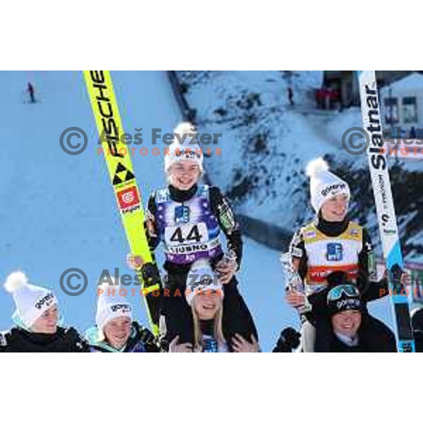 Winner Nika Prevc (SLO) and third-placed Nika Kriznar (SLO) at the FIS World Cup ski jumping Women’s competition in Ljubno ob Savinji, Slovenia on January 28, 2024
