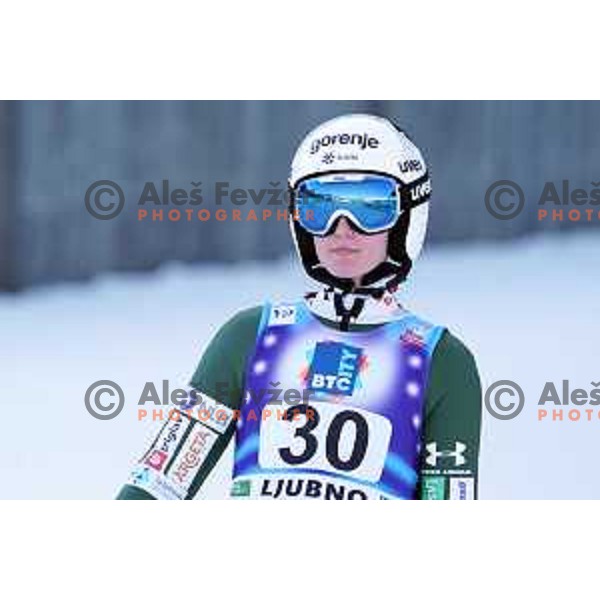 Katra Komar (SLO) in action during FIS World Cup ski jumping Women’s competition in Ljubno ob Savinji, Slovenia on January 28, 2024
