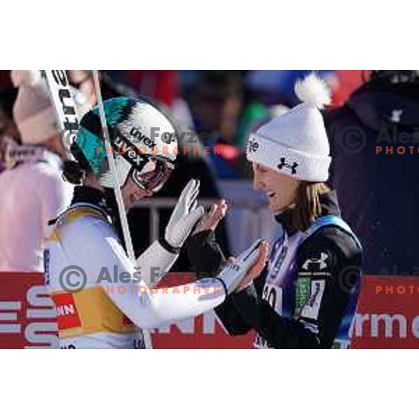 Nika Prevc (SLO), winner of the FIS World Cup ski jumping Women’s competition and Katra Komar in Ljubno ob Savinji, Slovenia on January 28, 2024