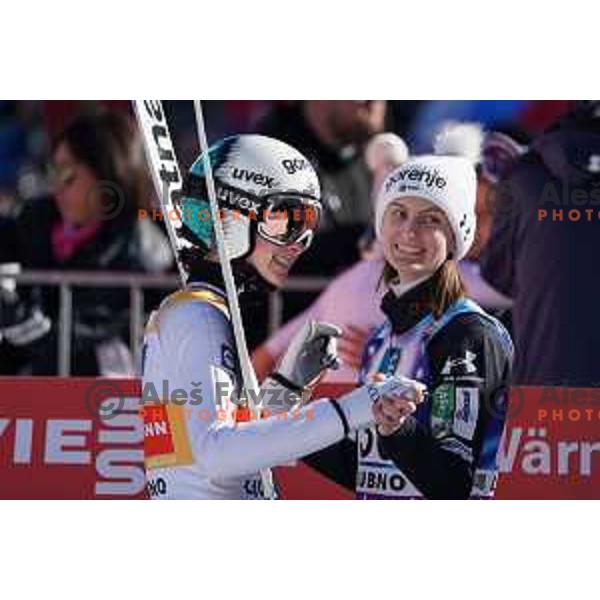 Nika Prevc (SLO), winner of the FIS World Cup ski jumping Women’s competition and Katra Komar in Ljubno ob Savinji, Slovenia on January 28, 2024