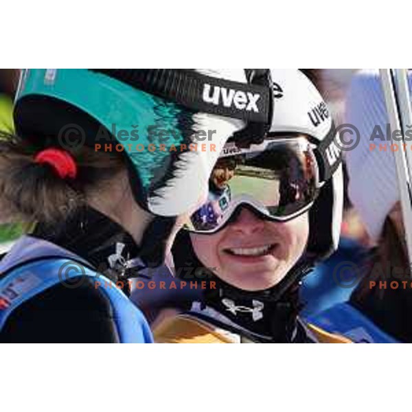 Winner Nika Prevc (SLO) and third-placed Nika Kriznar (SLO) at the FIS World Cup ski jumping Women’s competition in Ljubno ob Savinji, Slovenia on January 28, 2024