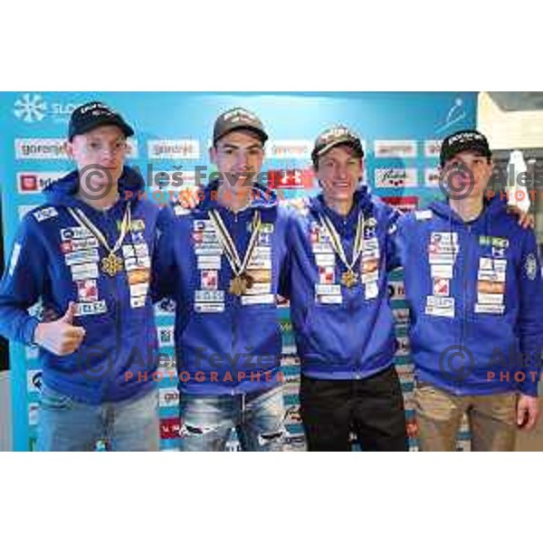 Of Team Slovenia, gold medal winners at FIS World ski flying Championship in Kulm, Austria during press conference in Ljubljana, Slovenia on January 29, 2024