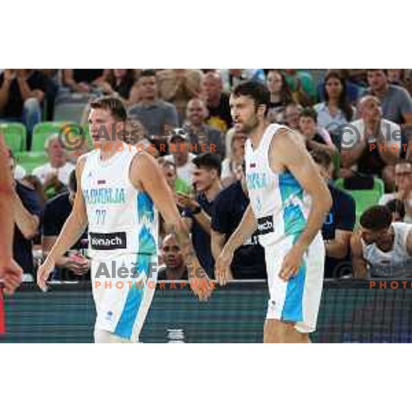 Luka Doncic and Mike Tobey during friendly basketball match in preparation for World Cup 2023 between Slovenia and Montenegro in Ljubljana on August 8, 2023
