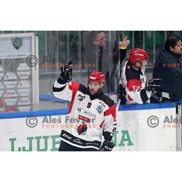 Zan Jezovsek in action during the Slovenian Championships 2023/2024 ice-hockey match between SZ Olimpija and SIJ Acroni Jesenice in Ljubljana, Slovenia on January 30, 2024