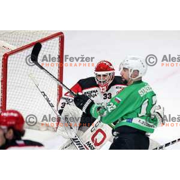 Zan Us during the Slovenian Championships 2023/2024 ice-hockey match between SZ Olimpija and SIJ Acroni Jesenice in Ljubljana, Slovenia on January 30, 2024 
