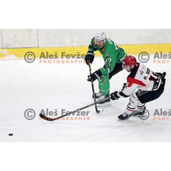 Trevor Gooch in action during the Slovenian Championships 2023/2024 ice-hockey match between SZ Olimpija and SIJ Acroni Jesenice in Ljubljana, Slovenia on January 30, 2024