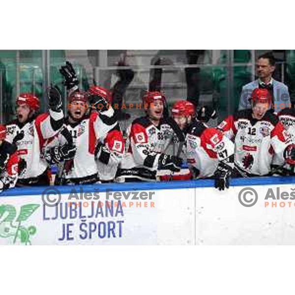 Players of SIJ Acroni Jesenice celebrate victory at the Slovenian Championships 2023/2024 ice-hockey match between SZ Olimpija and SIJ Acroni Jesenice in Ljubljana, Slovenia on January 30, 2024
