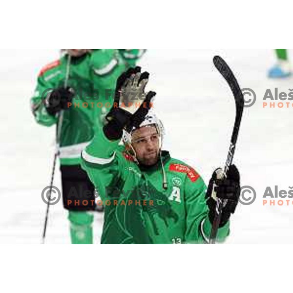Ziga Pance in action during the Slovenian Championships 2023/2024 ice-hockey match between SZ Olimpija and SIJ Acroni Jesenice in Ljubljana, Slovenia on January 30, 2024