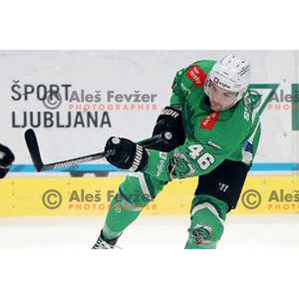 in action during the Slovenian Championships 2023/2024 ice-hockey match between SZ Olimpija and SIJ Acroni Jesenice in Ljubljana, Slovenia on January 30, 2024