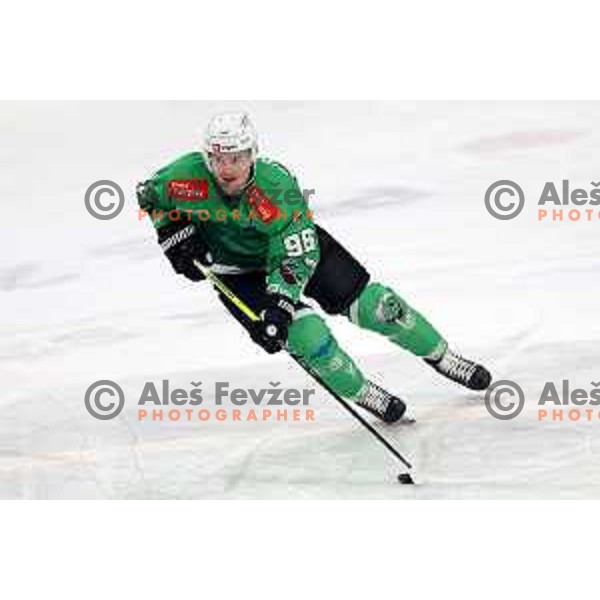 Maris Bicevskis in action during the Slovenian Championships 2023/2024 ice-hockey match between SZ Olimpija and SIJ Acroni Jesenice in Ljubljana, Slovenia on January 30, 2024