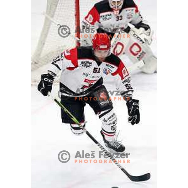 Maks Selan in action during the Slovenian Championships 2023/2024 ice-hockey match between SZ Olimpija and SIJ Acroni Jesenice in Ljubljana, Slovenia on January 30, 2024