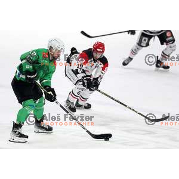Nik Simsic in action during the Slovenian Championships 2023/2024 ice-hockey match between SZ Olimpija and SIJ Acroni Jesenice in Ljubljana, Slovenia on January 30, 2024
