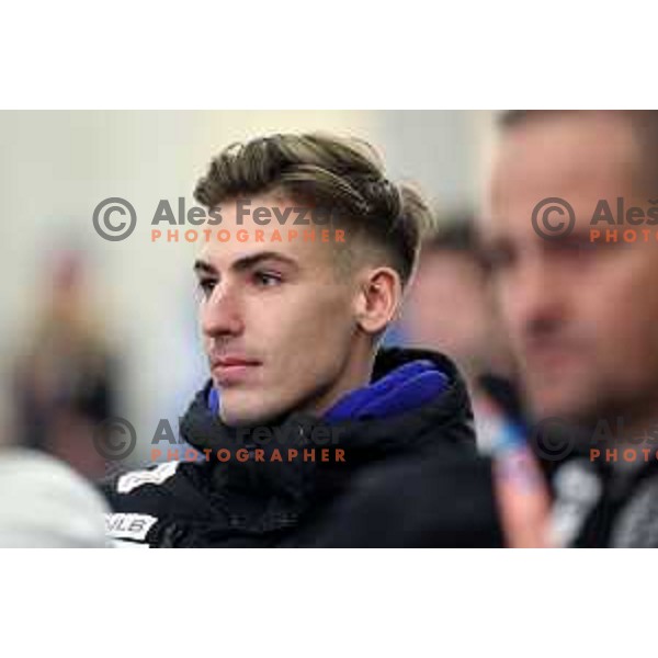 Timi Zajc during Peter Prevc’s farewell press conference where he announced his retirement from ski jumping in Nordic Ski centre Planica, Slovenia on February 6, 2024