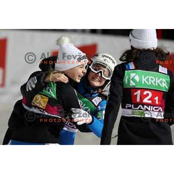 Taja Bodlaj and Tina Erzar of Team Slovenia, World Champions in Women Team Ski Jumping at Normal Hill during Planica FIS Nordic Junior World Ski Championships, Slovenia on February 9, 2024
