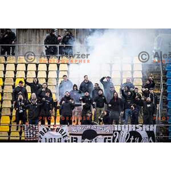 Mura supporters Black Gringos during Prva liga Telemach football match between Celje and Mura in Stadion Z’dezele, Celje, Slovenia on February 11, 2024. Photo: Jure Banfi