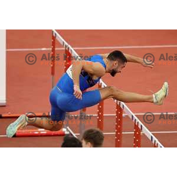 Filip Jakob Demsar, winner of Men\'s 60 meters hurdles at Slovenian Athletics Indoor Championship in Novo Mesto, Slovenia on February 18, 2024
