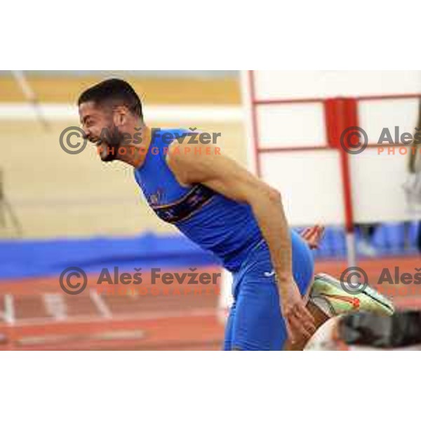 Filip Jakob Demsar, winner of Men\'s 60 meters hurdles at Slovenian Athletics Indoor Championship in Novo Mesto, Slovenia on February 18, 2024