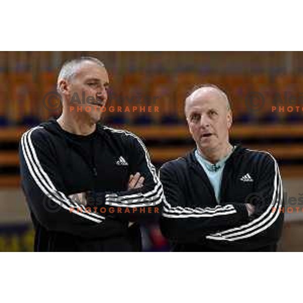 Roman Horvat and Dusan Hauptman during basketball meeting of Smelt Olimpija players of 1993-1994 season at 30th anniversary of victory 91-81 over Tau Ceramica in the Final of FIBA European Cup Cup in Lousanne, Switzerland. Players met in legendary Tivoli Hall, Ljubljana, Slovenia on March 15, 2024