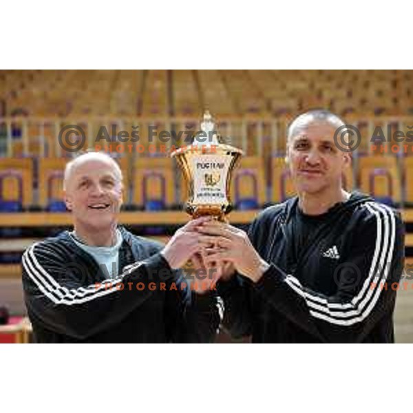 Roman Horvat andc Dusan Hauptman during basketball meeting of Smelt Olimpija players of 1993-1994 season at 30th anniversary of victory 91-81 over Tau Ceramica in the Final of FIBA European Cup Cup in Lousanne, Switzerland. Players met in legendary Tivoli Hall, Ljubljana, Slovenia on March 15, 2024