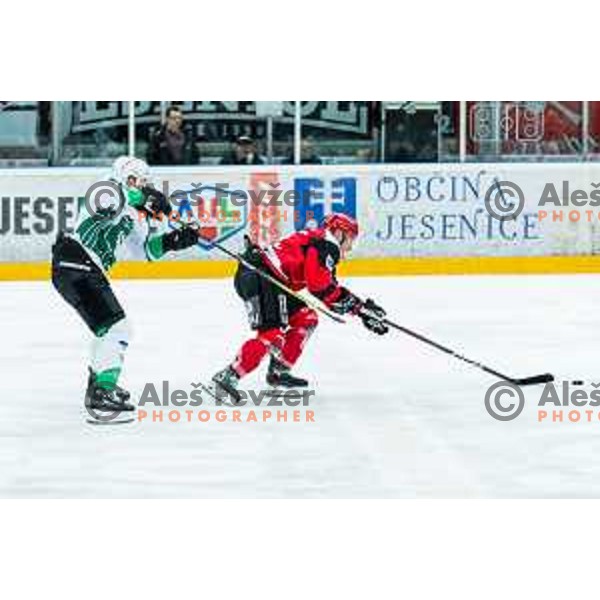In action during the fourth game of the Final of the Slovenian Ice-hockey League between SZ Olimpija and SIJ Acroni Jesenice in Tivoli Hall, Ljubljana, Slovenia on March 15, 2024