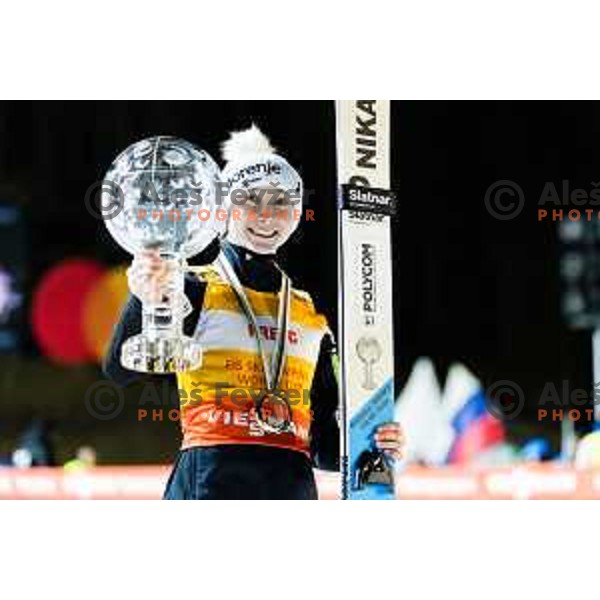 Nika Prevc of Slovenia, overall winner of Women\'s Ski jumping World Cup celebrate with crystal globe in Planica, Slovenia on March 21, 2024 