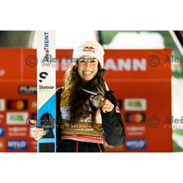 Alexandria Loutitt of Canada during trophy and medal ceremony after the final round of FIS Ski Jumping competition in Planica, Slovenia on March 21, 2024