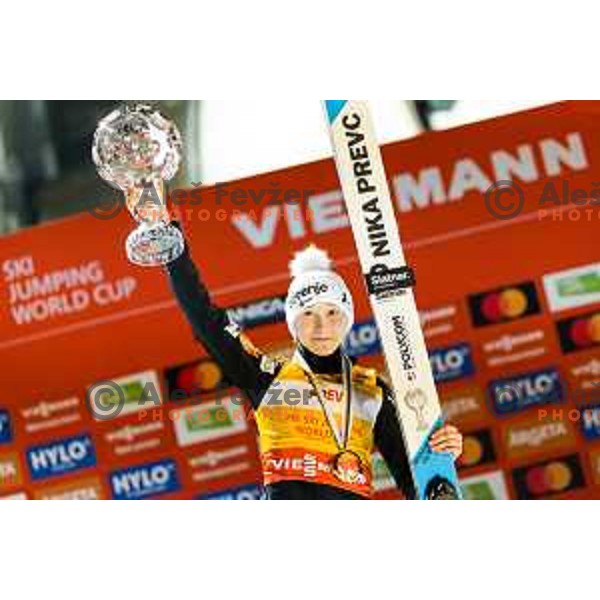 Nika Prevc of Slovenia during trophy ceremony after the final round of FIS Ski Jumping competition in Planica, Slovenia on March 21, 2024