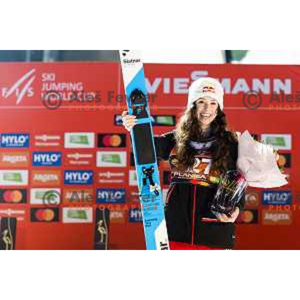 Alexandria Loutitt of Canada in action during trophy ceremony after the final round of FIS Ski Jumping competition in Planica, Slovenia on March 21, 2024