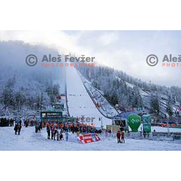 Fans gathering around ski flying hill during the Final of the World Cup ski jumping in Planica, Slovenia on March 24, 2024