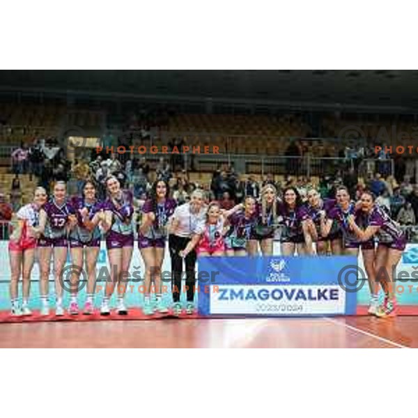 Players of Nova KBM Branik celebrate victory in the Final of Slovenian Cup volleyball match against Calcit Volley in Koper, Slovenia on March 24, 2024