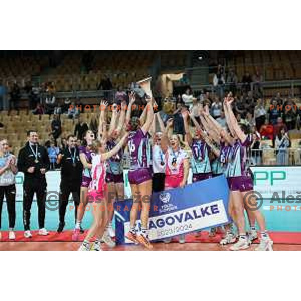Players of Nova KBM Branik celebrate victory in the Final of Slovenian Cup volleyball match against Calcit Volley in Koper, Slovenia on March 24, 2024