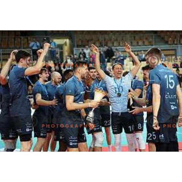 Players of Calcit Volley celebrate victory in the Final of Slovenian Cup volleyball match against I-Vent Maribor in Koper, Slovenia on March 24, 2024