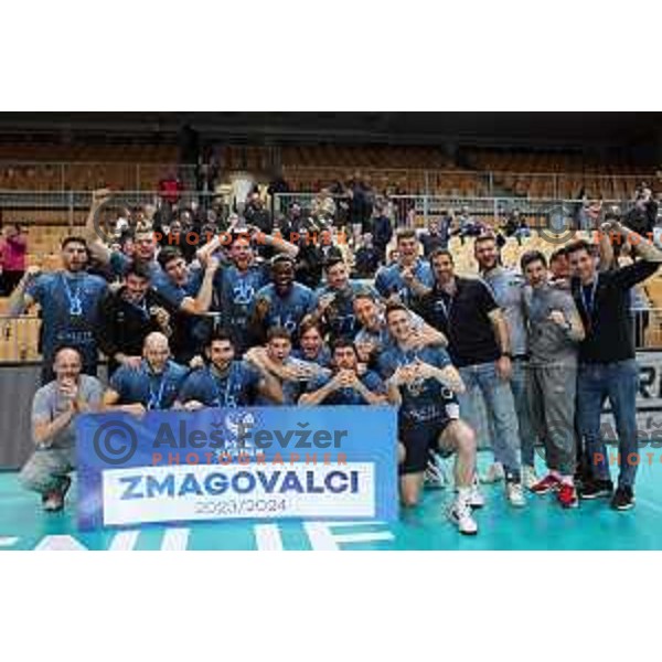 Players of Calcit Volley celebrate victory in the Final of Slovenian Cup volleyball match against I-Vent Maribor in Koper, Slovenia on March 24, 2024