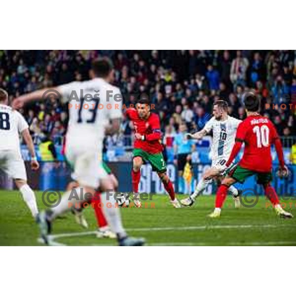 Cristiano Ronaldo of Portugal vs Timi Elsnik of Slovenia in action during Friendly football match between Slovenia and Portugal in Stadium Stozice, Slovenia on March 26, 2024. Photo: Grega Valancic